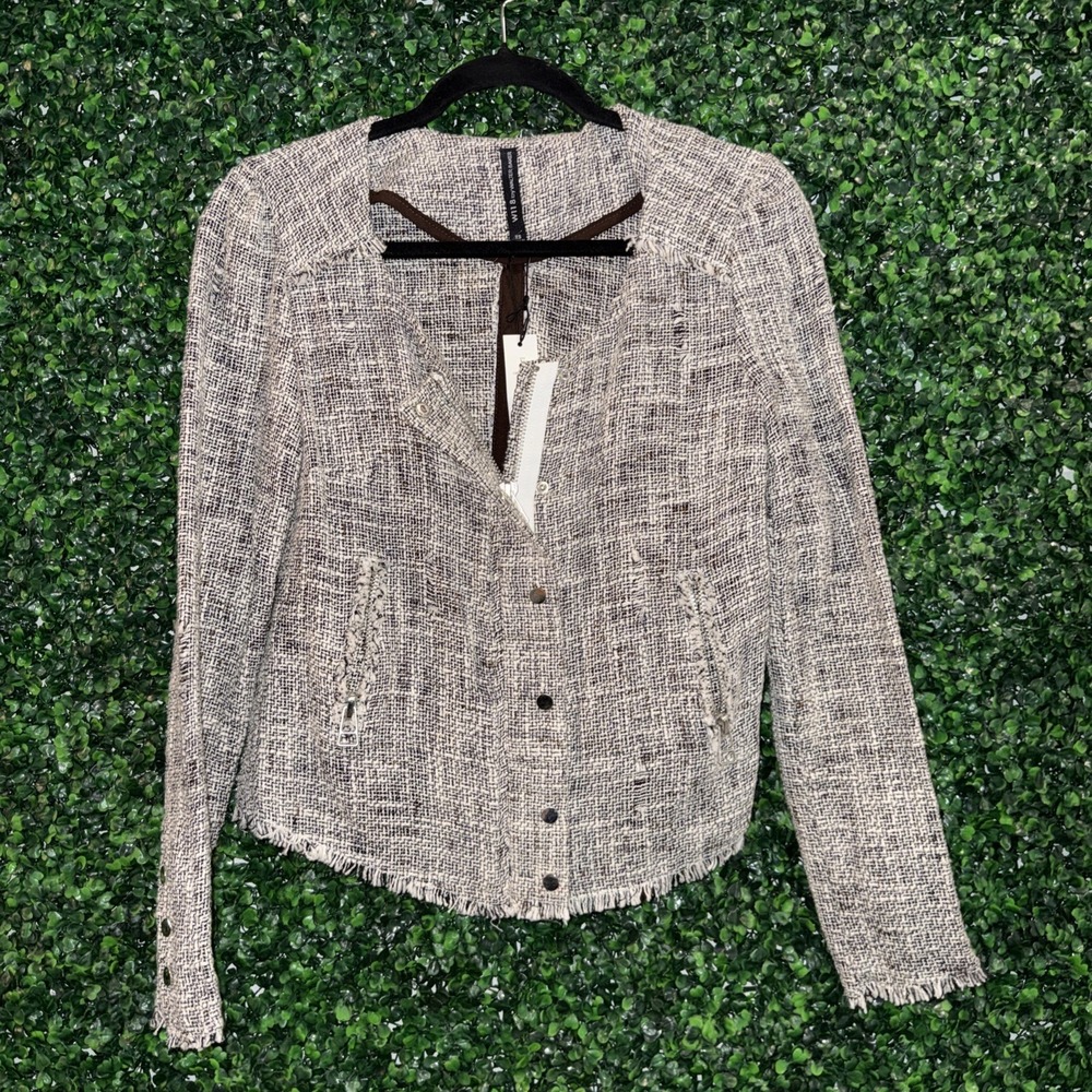 W118 Walter Baker Womens Caitlin Blazer Jacket Raw Fringe Tweed White Black